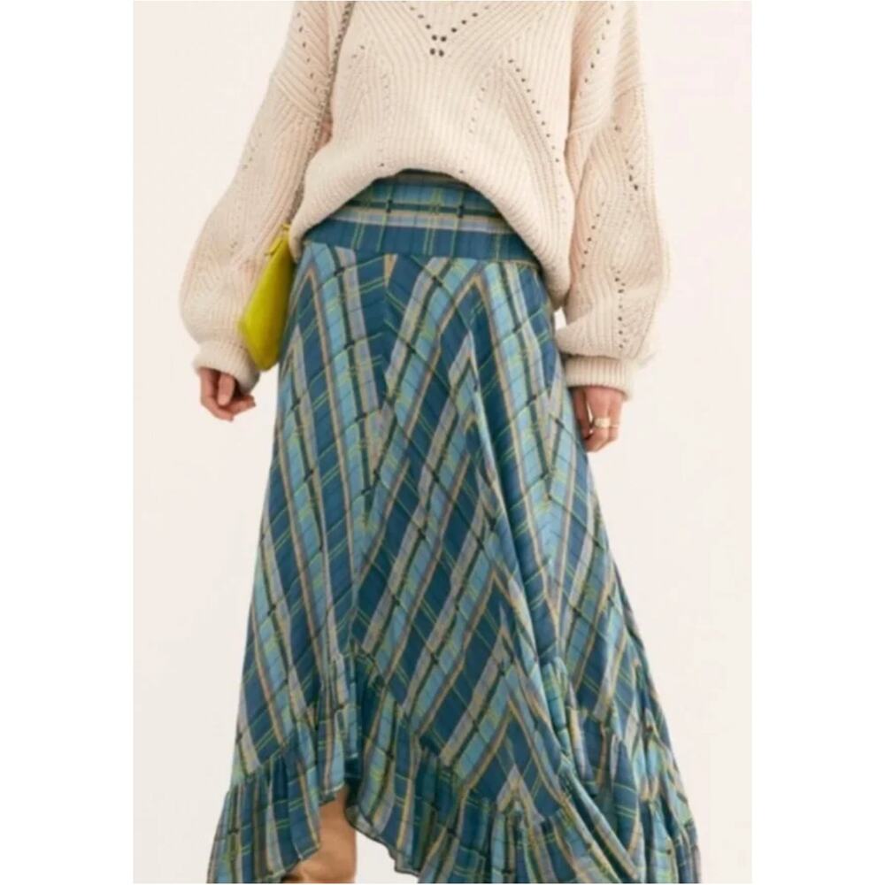 Free People Gabrielle Blue Plaid Ruffle Hem Maxi Skirt NWT Size L Boho - Picture 15 of 15